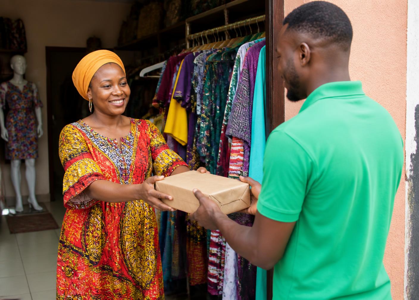 Shop owner handing a parcel to a delivery courier